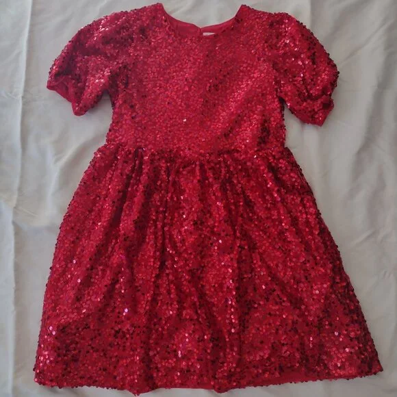 Cat & Jack Girls Red Sequin Dress XL 14 Puff Sleeve Fit n Flare - Picture 11 of 11